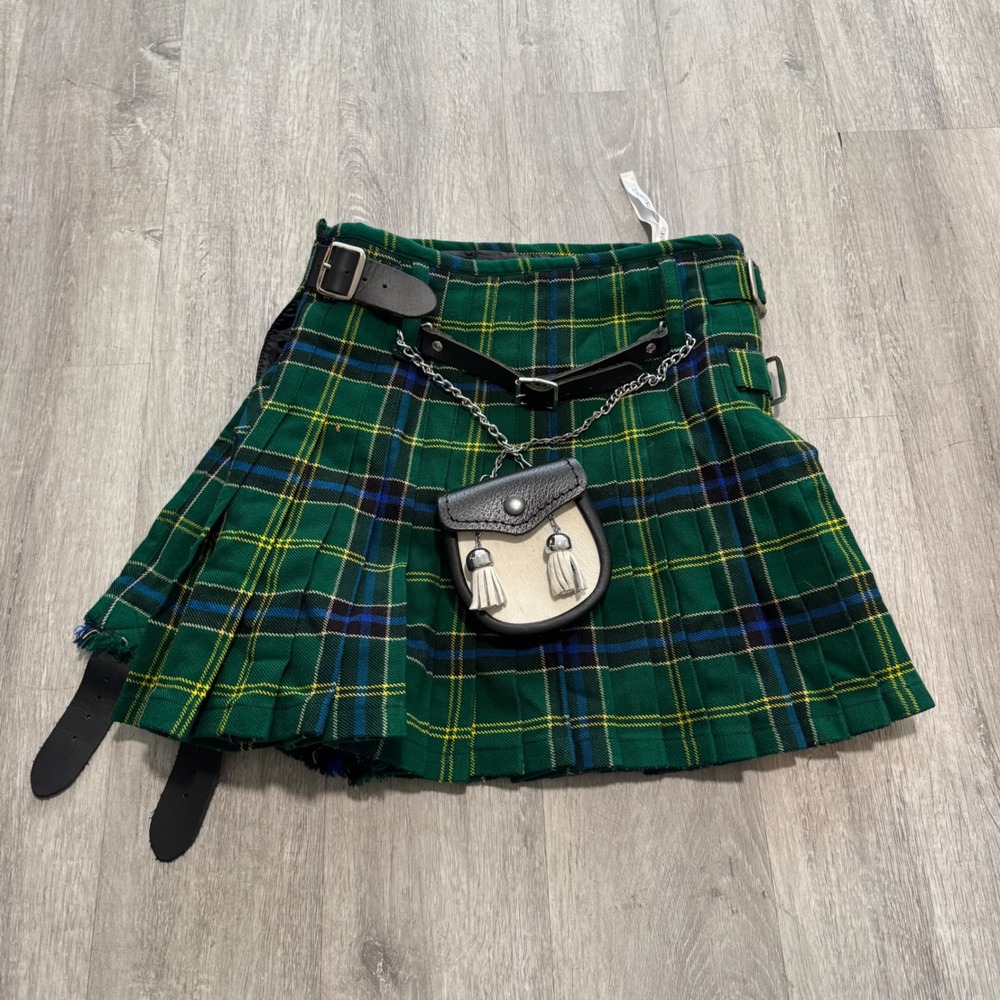 Scottish Kilt Shop Green Tartan Plaid Kilt with Sporran Tailor Made Size 31